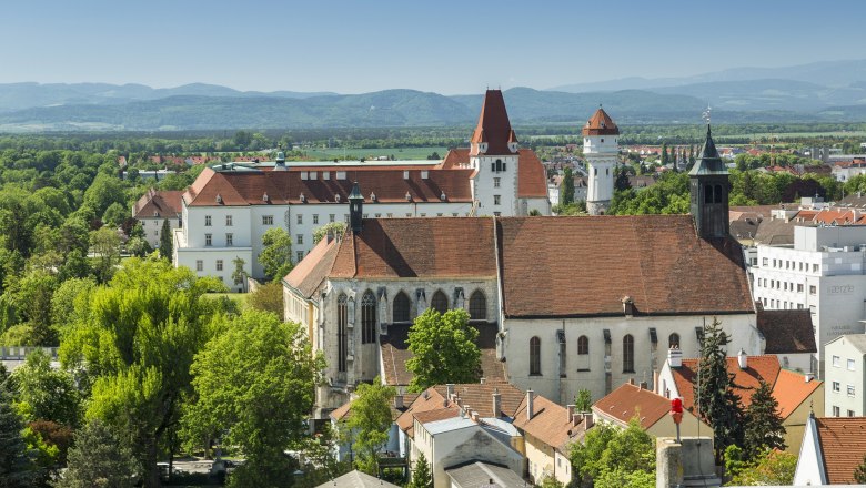 Wiener Neustadt, Milak - Neukloster - Water tower, © Franz Zwickl Panorama of Wiener Neustadt with the Neukloster and water tower in the background.