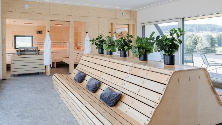 Korngut, Rooftop Spa, © Holter Interior view of a modern spa with wooden furniture and plants.