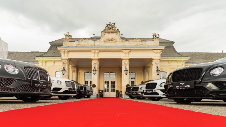 Conference Center Laxenburg, vehicle presentation, © Peiritsch Werner Luxury cars in front of a historic building with a red carpet.