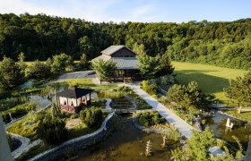 Asian-style garden with pavilion and pond, surrounded by woodland.