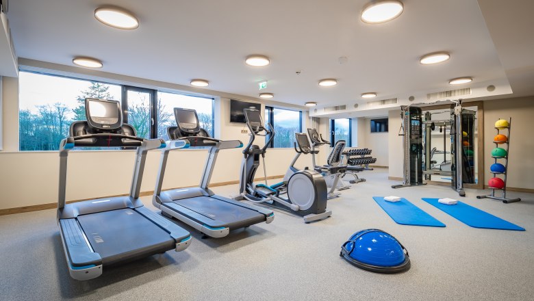 Fitness room with treadmills, cross trainers, dumbbells and exercise mats.