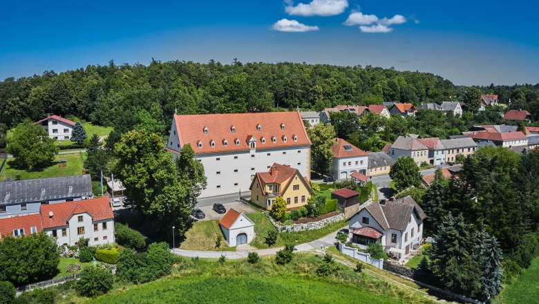 Aerial view of a village with a large white building with a red roof, surrounded by smaller houses and lots of greenery.