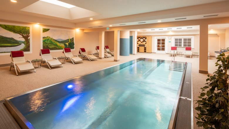 A modern indoor pool in the hotel spa with loungers and murals
