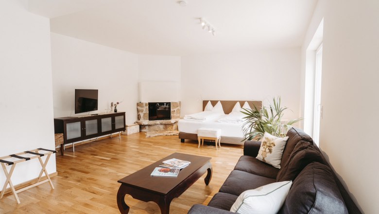 Bright room with sofa, coffee table, TV, fireplace and double bed.