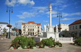 Main square in Tulln with baroque column and historic buildings.
