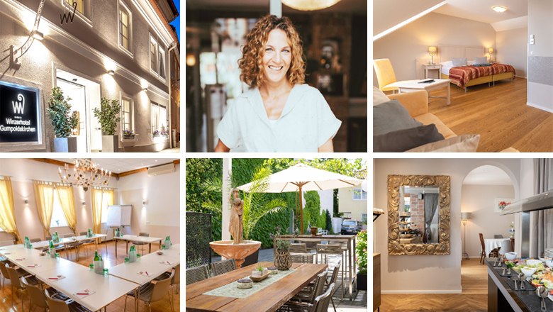 Collage of hotel pictures: Exterior view, woman, room, conference room, terrace, breakfast buffet.