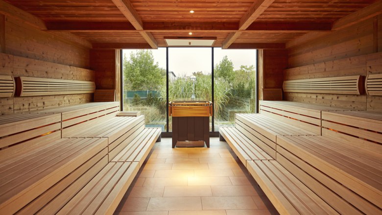 Interior view of a sauna with wooden benches and a window with a view of the greenery.