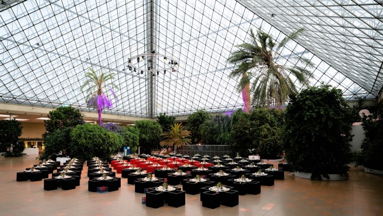 Interior view of the event pyramid with covered tables and palm trees under a glass roof.
