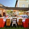 Elegant restaurant with an outdoor table surrounded by modern buildings.