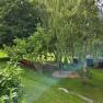 A green garden with trees, a swing, and a slide.