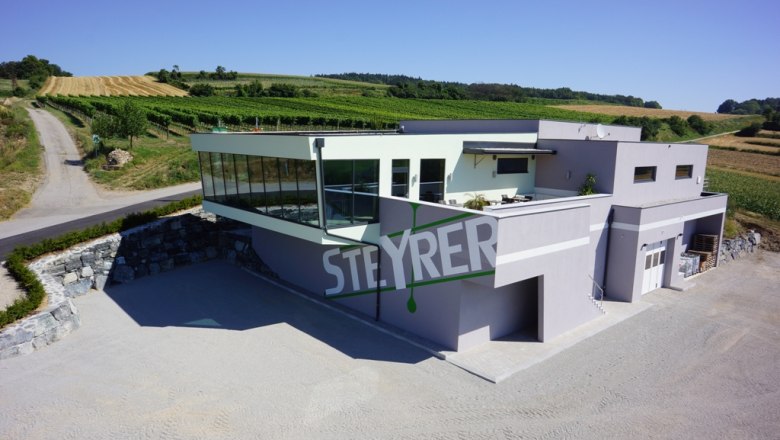 Modern Steyrer winery with glass fa&ccedil;ade and surrounding vineyards.