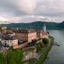 Aerial view of D&uuml;rnstein Castle on the Danube with surrounding landscape.