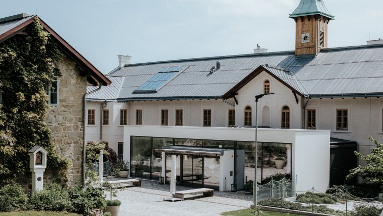 A modern building with solar panels on the roof and a clock tower, surrounded by green spaces.