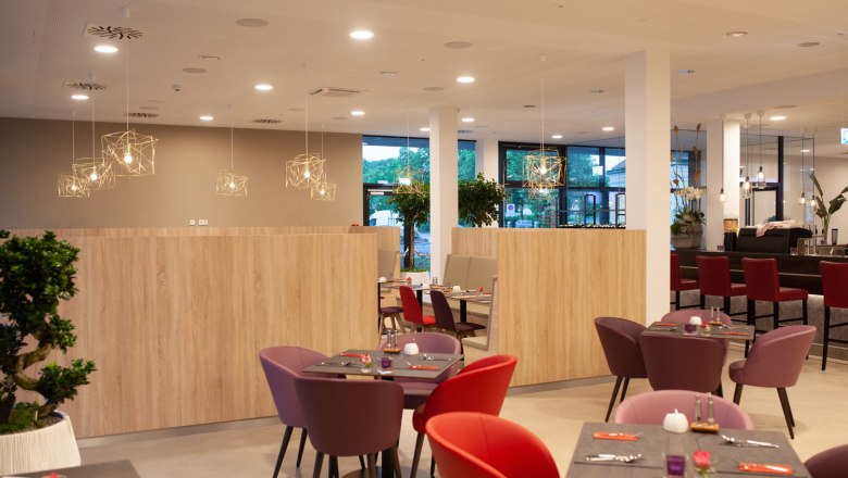 Colorful furniture in a bright hotel lounge