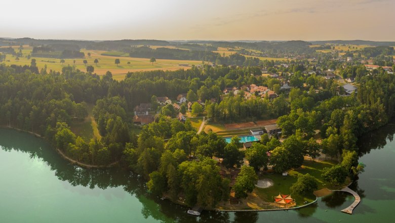 Aerial view of a lake with surrounding forest and buildings.