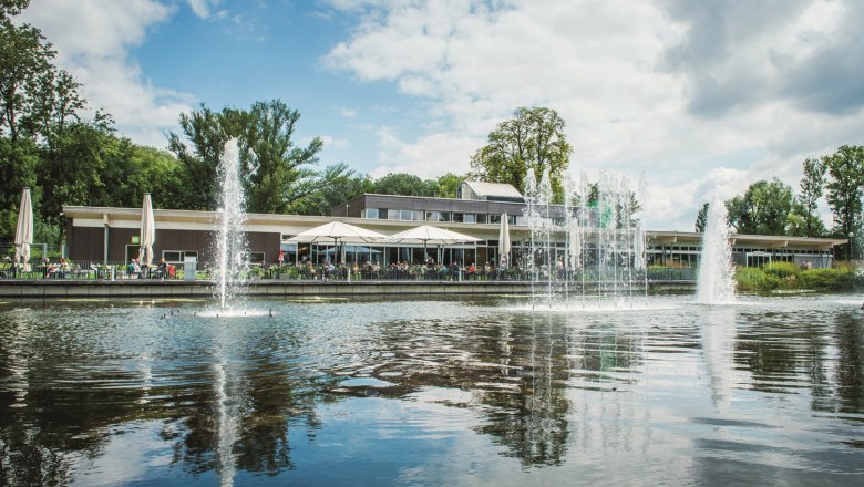 A modern building with a terrace by the water, surrounded by trees and fountains.