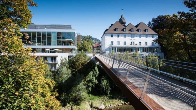 Modern and historic building with bridge in green surroundings.