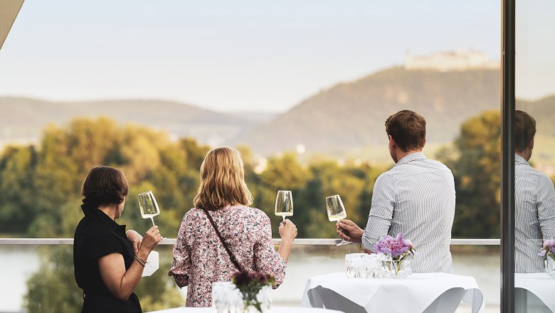Three people on a terrace with wine glasses, view of the hills and river.