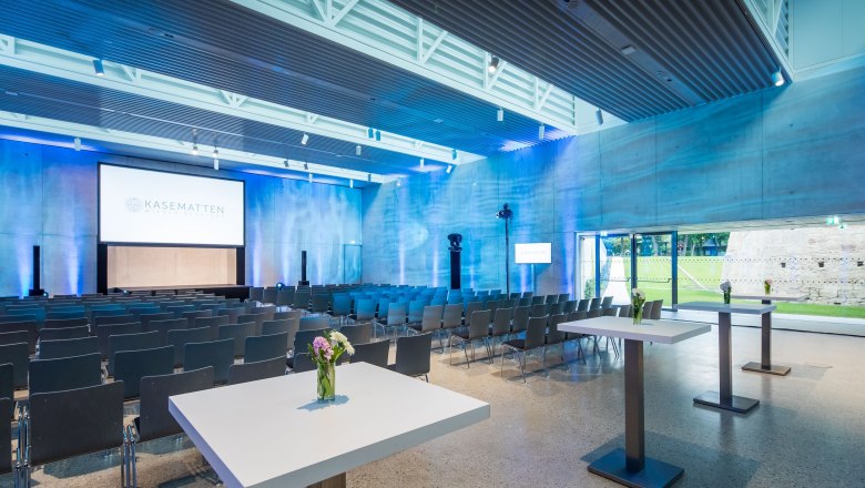 Modern conference room with chairs, tables and screen, illuminated in blue.