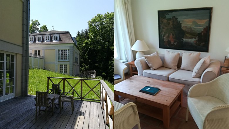 Left: Terrace with wooden furniture, right: living room with sofa and painting.