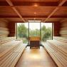 Interior view of a sauna with wooden benches and a window with a view of the greenery.