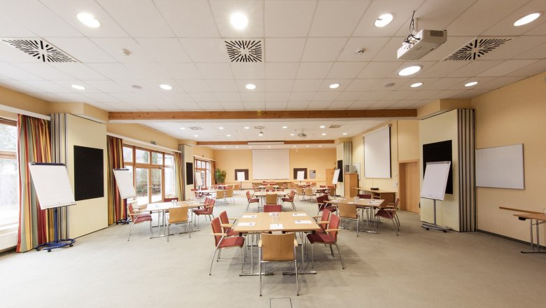 An empty conference room with tables, chairs and flipcharts.