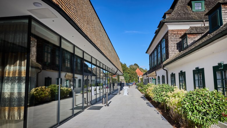Modern glass façade next to historic building with green window frames, blue sky.