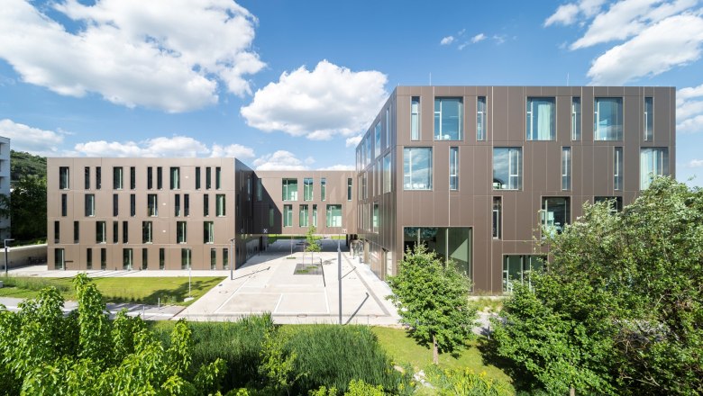 Modern university buildings with a brown façade and large windows, surrounded by green vegetation under a blue sky.