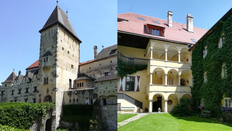 Two views of Feistritz Castle, the tower on the left and an inner courtyard with arcades on the right.