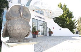 Entrance to a seminar hotel with owl sculpture.