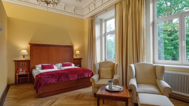 Elegant hotel room with double bed, armchairs and large windows.