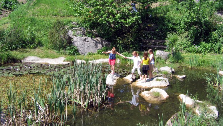 Children play by a pond in the countryside with water lilies and reeds.