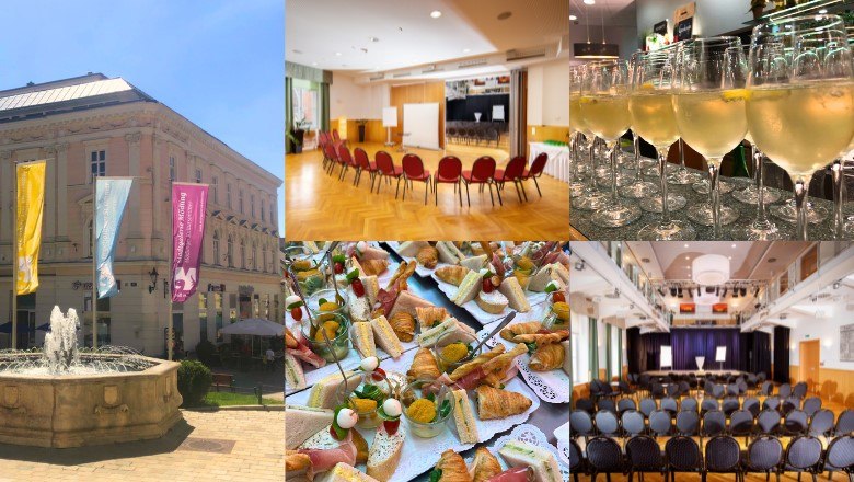 Collage of the Stadtgalerie M&ouml;dling with event rooms, buffet and exterior view.