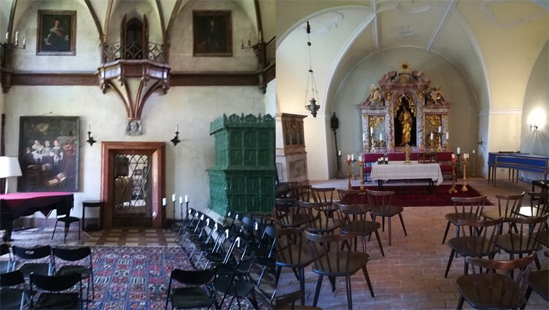 Two interior rooms: on the left a historic hall with paintings and a stove, on the right a chapel with an altar and chairs.
