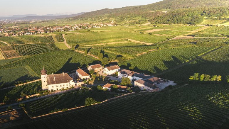 Aerial view of Freigut Thallern in the middle of vineyards.