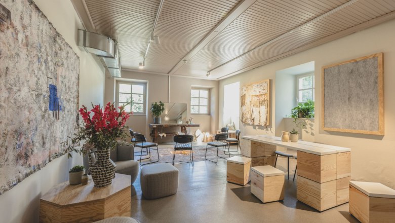 A stylishly furnished room with modern furniture, plants and works of art on the walls.