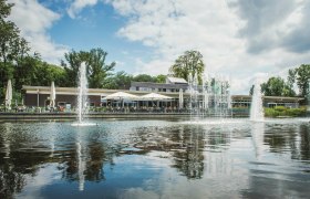 A modern building with a terrace by the water, surrounded by trees and fountains.