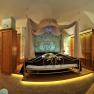 A luxurious bedroom with four-poster bed, wooden furniture and bathtub.