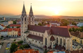 Aerial view of Wiener Neustadt Cathedral at sunset.