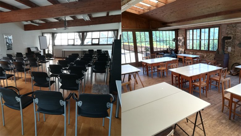 Two rooms with chairs and tables, one for presentations, the other for group work.