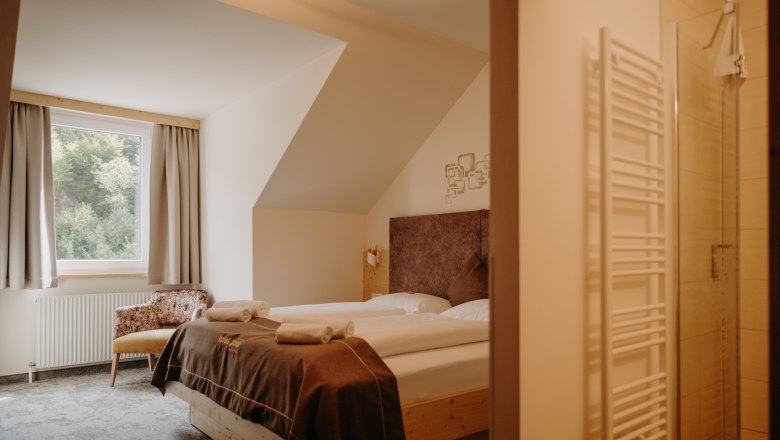 A cozy hotel room with a double bed made of light-colored wood, a window with curtains, and an armchair. In the foreground, you can see into the bathroom. The room has a sloped ceiling on the side with the window.
