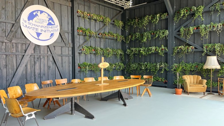 A modern meeting room with a wooden table, chairs and plants on the walls. A logo of the Schwarzenegger Climate Initiative is visible.