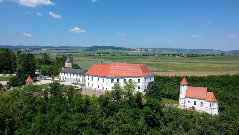 Aerial view of Viehofen Castle with red roof, surrounded by green countryside and fields.
