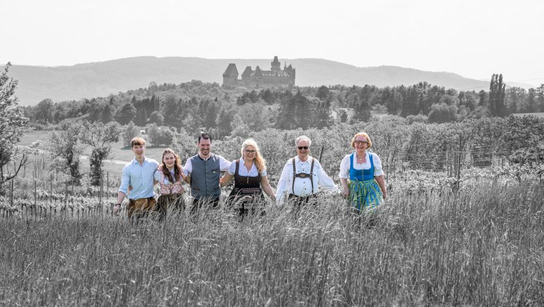 A group of six people in traditional dress stand in a field with a castle in the background.