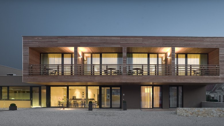 Modern two-story house with wood paneling and large windows with night lighting.
