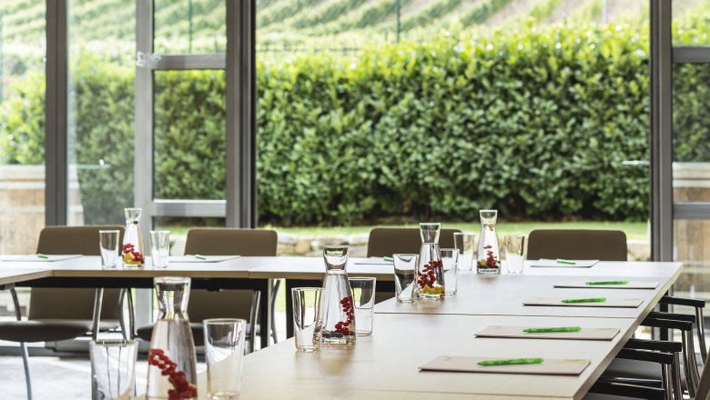 Seminar room with tables, chairs and a view of the vineyards.