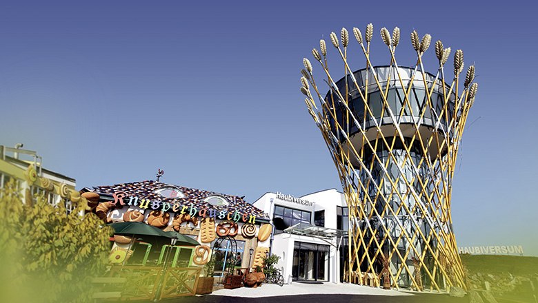 Exterior view of the Haubiversum with a tower and a crispy house.