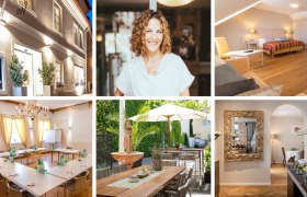 Collage of hotel pictures: Exterior view, woman, room, conference room, terrace, breakfast buffet.